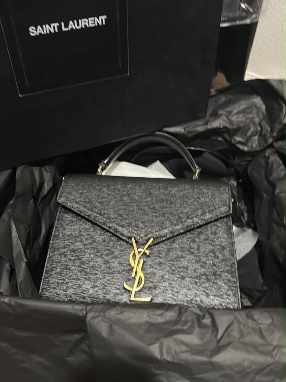 Saint Laurent Black Leather Top Handle Bag with Gold YSL Emblem